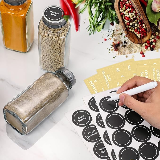 AOZITA 14 Pcs Glass Spice Jars with Spice Labels - 8oz Empty Square Spice Bottles - Shaker Lids and Airtight Metal Caps - Chalk Marker and Silicone Collapsible Funnel Included