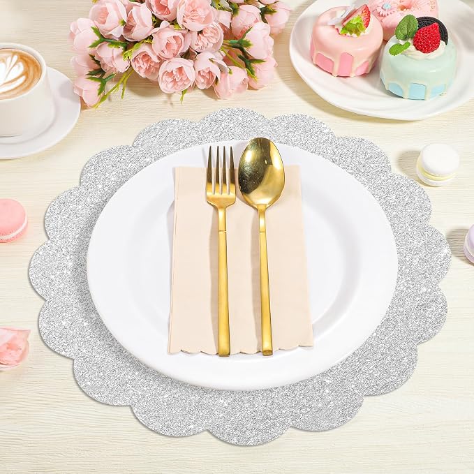 60 Pcs Silver Glitter Paper Placemats, Scalloped Disposable Placemat | 13.5 Inch Round Sparkle Table Place Mats Decorative Paper for Birthday Wedding Banquet Party