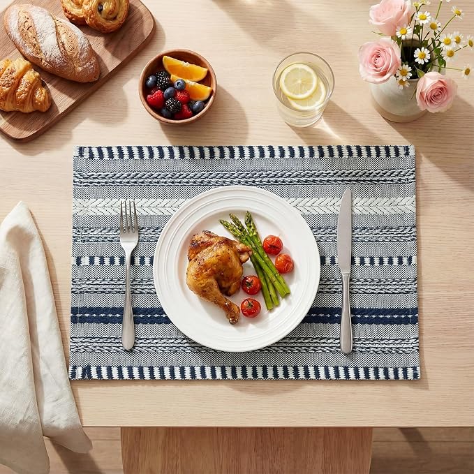 Artoid Mode Dark Blue Farmhouse Woven Braided Stripe Placemats Set of 6,12x18 Inch Seasonal Holiday Table Mats Party Kitchen Dining Decoration