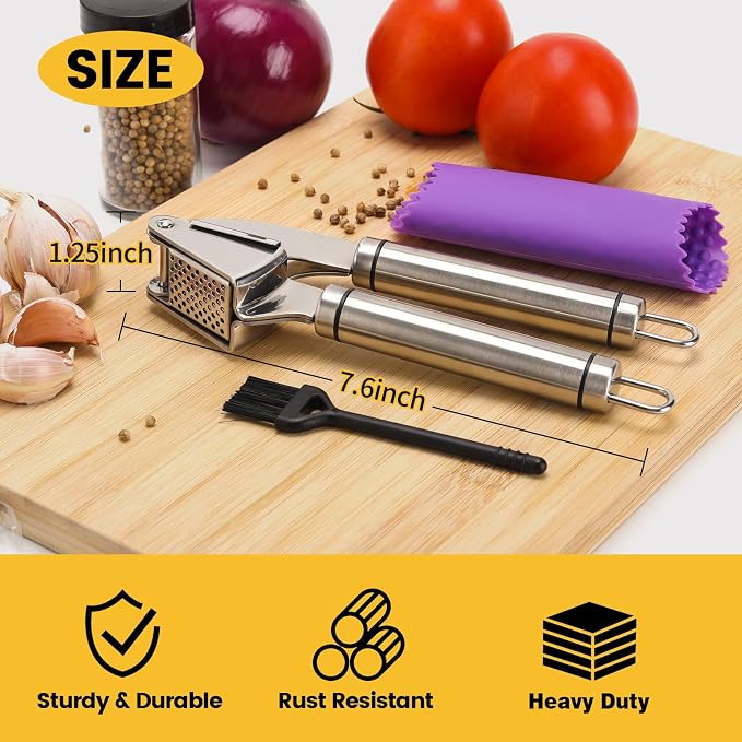 BURLIHOME Stainless Steel Garlic Press Mincer,Heavy-Duty,Purple Peeler Tube | Metal Ginger Press,Strong Squeeze,Mince Garlic & Ginger,Dishwasher Safe,Kitchen Essential,Meal Prep Tool,Easy Clean,Silver