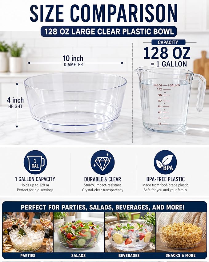 8 Pack Clear Serving Bowls for Buffet | 128oz Heavy Duty Disposable Plastic Bowls, Perfect for Party Snack, Salad, Candy & Bar Buffet