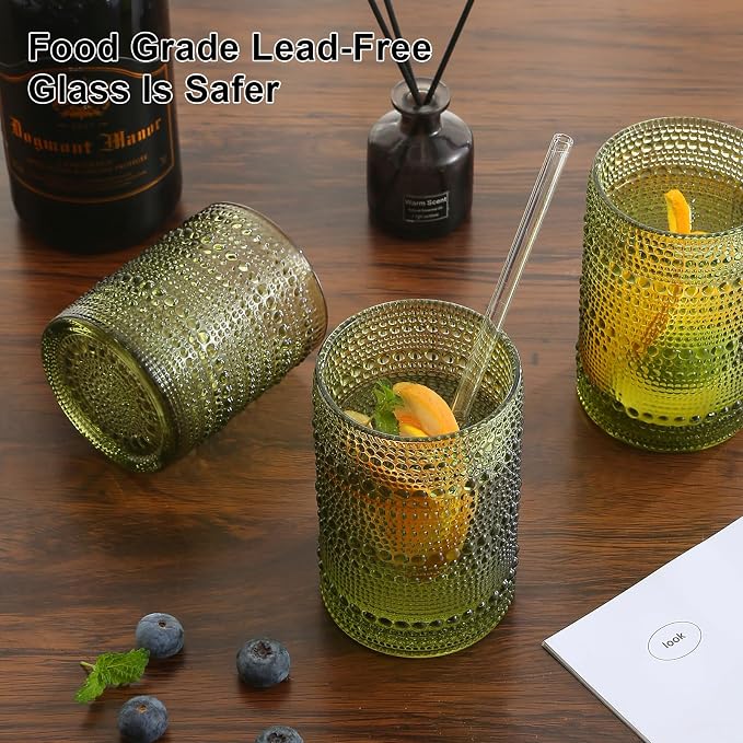 ZMOWIPDL 12oz & 15oz Hobnail Drinking Glasses,Green Glass Cups Set of 8 | Vintage Highball Glassware，Kitchen Drinkware，Embossed Water Tumbler,for Beer,Cocktail,Whiskey,Juice,Various Mixed Drinks