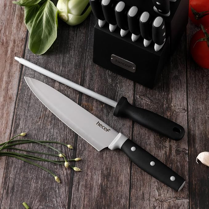 hecef Kitchen Knife Block Set, 14 Pieces Knife Set with Wooden Block & Sharpener Steel & All-purpose Scissors, High Carbon Stainless Steel Cutlery Set (Black) | Dishwasher Safe, High Carbon Stainless Steel, Includes Steak Knives & Kitchen Scissors