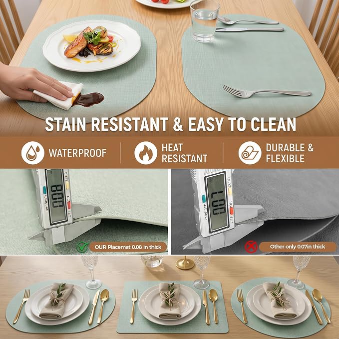 Faux Leather Placemats Set of 4, Wipeable Waterproof Stain Resistant Table Mats, Heat Resistant Thick Placemats with Hand-Painted Edges for Kitchen Dining, Imitative Linen Texture, Various Shapes