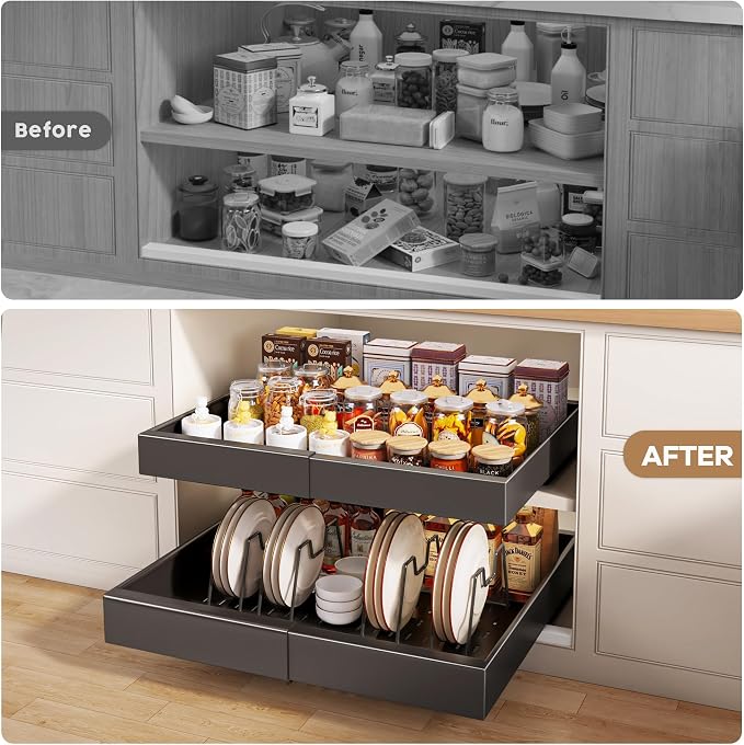 Seinloes 6 Pack Pull out Cabinet Organizer 21"Deep with Raising Pad for Framed Cabinets, Expandable Slide out Drawers for Kitchen Cabinets with 6pcs Divider Racks, Roll out Shelves 12.1"-20.4" W Black
