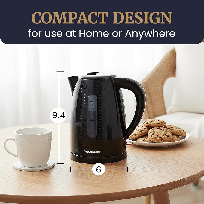 Elite Gourmet EKT5051 1.7L Electric Water Kettle, BPA-Free Fast Boil, Black | Auto Shut-Off, Boil-Dry Protection, 360° Swivel Base Cordless Serving, Clear-View Water Level Window