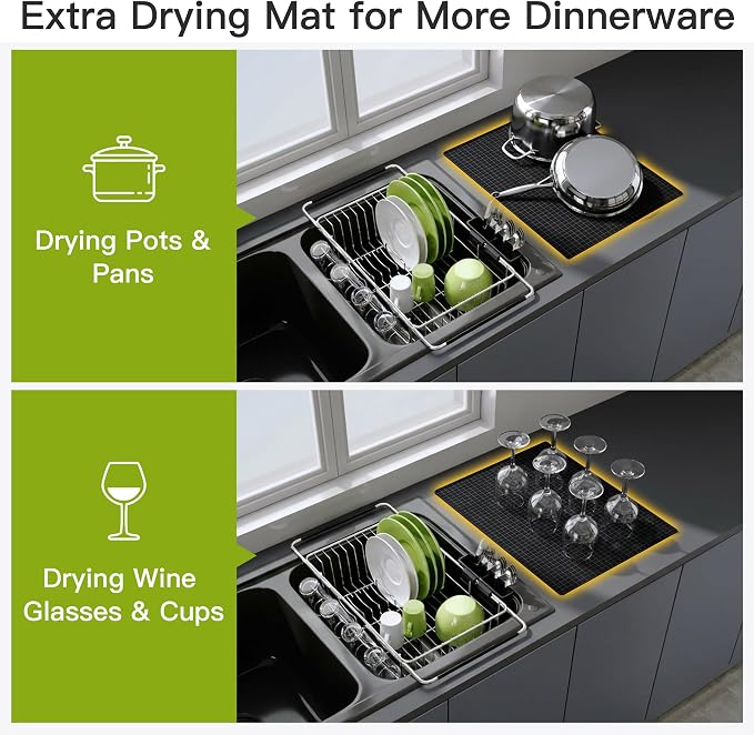 JASIWAY in Sink Dish Drying Rack with Mat, Cups and Utensil Holder | Use Over the Sink or Counter, Stainless Steel Expandable Dish Drainer for Small Kitchen, Space Saving, Fast Drain, Rustproof