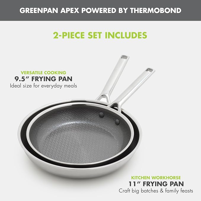 GreenPan Hybrid 2 Piece (9.5" & 11") Stainless Steel & Ceramic Skillet Set | APEX Tri-Ply Pan, PFAS-Free Thermobond Nonstick, Induction & All Cooktop Compatible, Dishwasher & Oven Safe to 850F, Silver