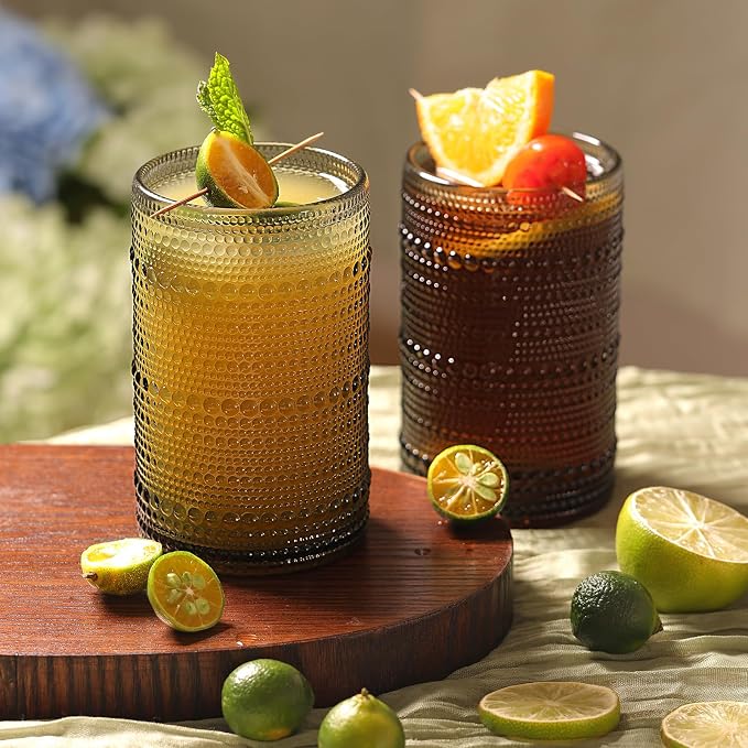 Moretoes 12 Oz Gray Hobnail Drinking Glasses Set of 6 Water Glass Cups | Highball Glasses Embossed Boho Kitchen Bar Tumbler Glassware Set for Whiskey, Beer, Juice, Milk and Various Mixed Drinks