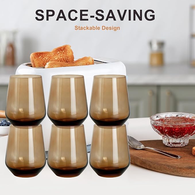 Brown Stemless Wine Glasses Set of 6, 15oz Drinking Glassware Dishwasher Safe, Wine Glass Tumblers for Red or White, Gift for Party, Holiday, Anniversary, Restaurant, Home Bar, Daily Use