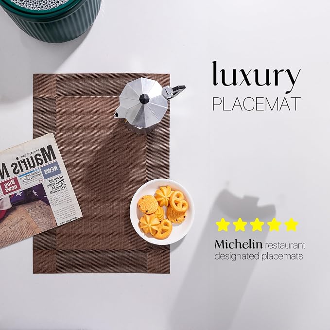 LEXMORE Placemats Set of 4 Vinyl/Plastic Woven Place Mats for Kitchen Table Indoor/Outdoor Washable Placemat Wipeable Dining Table Mats(Brown Cube)