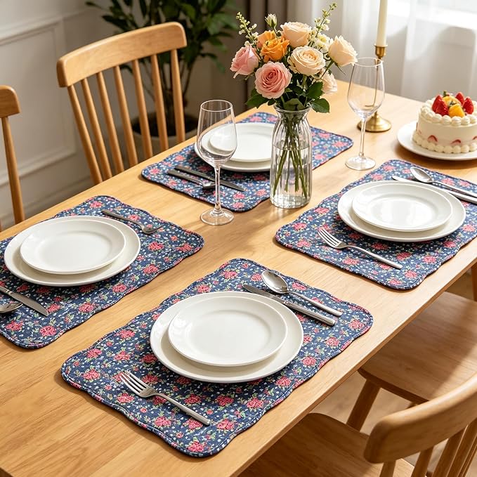 Quilted Placemats Set of 4 18"X13" Cotton Placemats Washable Cloth Table Mats for Kitchen Table (Blue Floral Print)