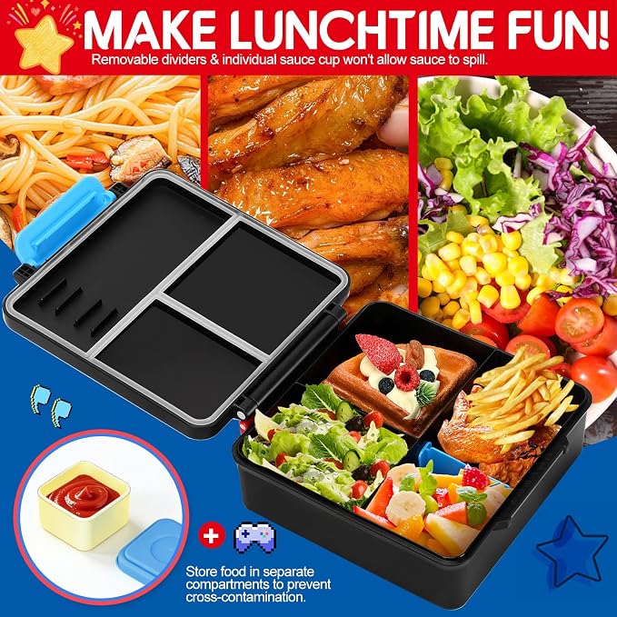 Bento Lunch Box for boys,60 OZ Insulated Bento Lunch Box with 8OZ Leakproof Leak Proof Thermos Food Jar, 3-4 Compartments Bento Box for School, BPA-Free Dishwasher Safe (Red Blue-Game)