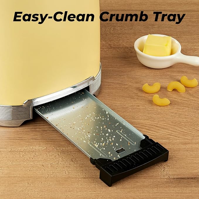 Toaster 2 Slice Retro Stainless Steel, Yellow | 1.5” Extra Wide Slots with Bagel, Defrost, Reheat, Cancel Functions, 6 Bread Shade Settings, Removable Crumb Tray
