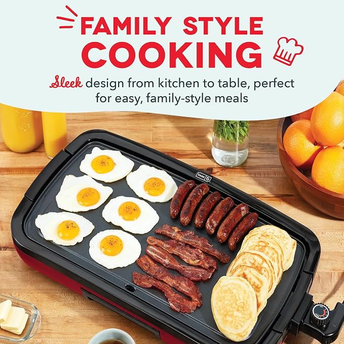 Dash Deluxe Everyday Electric Griddle, Removable Nonstick Plate, Red | Flat Top Grill with Drip Tray, Temperature Control, Large 20-Inch Cooking Surface for Pancakes, Eggs, Burgers, & Bacon