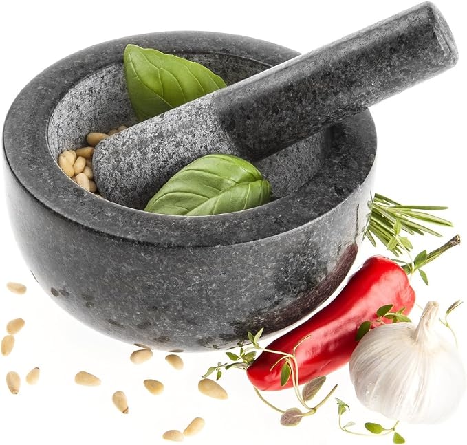 Kota Japan Large Black Granite Mortar & Pestle Natural Stone Grinder for Spices, Seasonings, Pastes, Pestos and Guacamole | Great for grinding spices, seasonings, pastes, pestos, and guacamole. Heavy stone stays put while grinding.