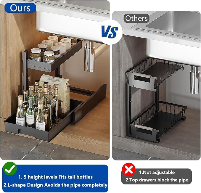 BLULEE 2 Pack Under Sink Organizer, Adjustable Pull Out Storage Rack | L-Shaped Set of 2 Sliding Bathroom Vanity & Kitchen Shelf, Bypasses Pipes, Heavy Duty Metal Frame Fits Tall Bottles