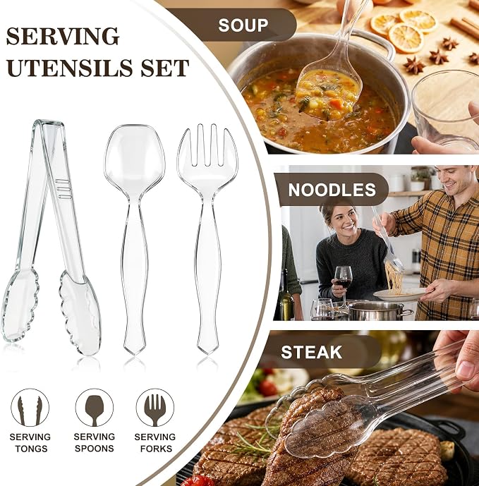 Mwellewm 72Pcs Serving Utensils Large Plastic Serving Utensils Set Serving Spoons for Buffet Clear Disposable Plastic Tongs 8.5'' Heavy Duty Slotted Spoons/Forks Supplies for Party Food Salad Soup