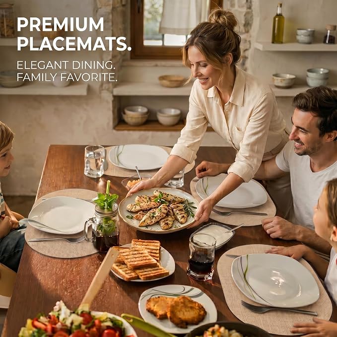 Faux Leather Placemats Set of 6, Wipeable Waterproof Stain Resistant Table Mats, Heat Resistant Thick Placemats with Hand-Painted Edges for Kitchen Dining, Imitative Linen Texture, Various Shapes