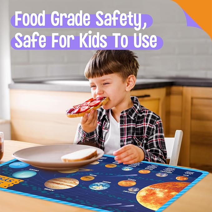 6 Pack Placemats for Kids, Non-Slip Washable, Reusable Alphabet, Number, Shape & Color, Universe, Map, Different Themed Educational Table Mats for Home, Kindergarten, Classroom, Nursery