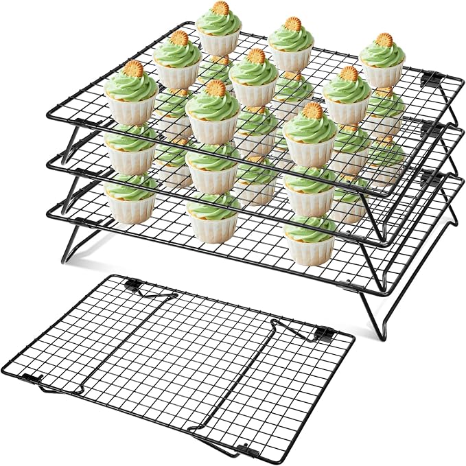 4Pcs Cooling Racks for Cooking and Baking, 13.4" x 9.4" Cookie Cooling Racks, 4-Tier Stackable Carbon Steel Wire Cooling Rack for Baking, Cookie, Pizza, Cake, Roasting, Making Jerky