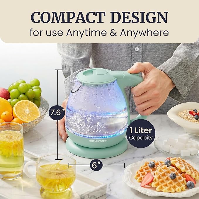 Elite Gourmet 1L Glass Electric Water Kettle, BPA-Free Fast Boil, Mint | Auto Shut-Off, Boil-Dry Protection, 360° Swivel Base Cordless Serving, Clear-View Water Level Markings