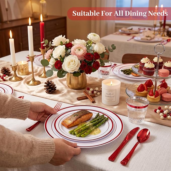 DaYammi 350PCS White and Red Plastic Dinnerware Set for 50 Guests, Fancy Disposable Plates for Party, Include: 50 Dinner Plates, 50 Dessert Plates, 50 Pre Rolled Napkins with Red Silverware, 50 Cups