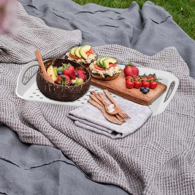 17.7" x 12.5" Anti-Slip Serving Trays with Handles, 3 Pcs X-Large Rectangular Food Serving Tray for Lap, Food Trays for Eating on Couch, Breakfast Tray, Reusable and Durable, White