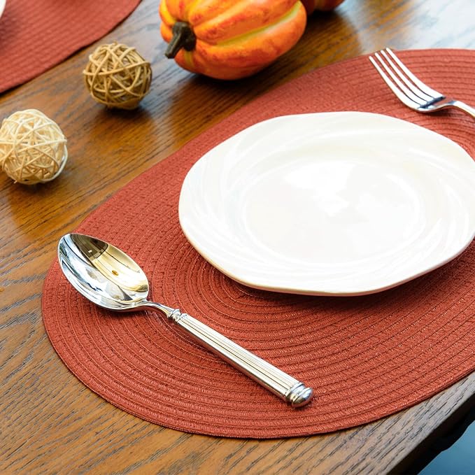Placemats Set of 6, Woven Oval Braided Dining Table Mats(Rust Orange) | 12 x 17.5 Inch Size Fits Plates and Flatware; Hand Washable and Heat Resistant for Kitchen Use, with Farmhouse and Boho Style