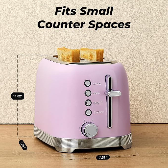 Toaster 2 Slice Retro Stainless Steel, Pastel Pink | 1.5’’ Extra Wide Slots with Bagel, Defrost, Reheat, Cancel Functions, 6 Bread Shade Settings, Removable Crumb Tray