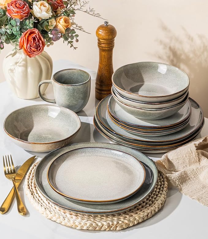 GBHOME Stoneware Dinnerware Sets for 6,18 Piece Rustic Plates and Bowls Set | Earthenware Handmade Reactive Glaze Plate Sets, Chip Resistant Ceramic Dishes, Microwave & Dishwasher Safe, Wheat Green