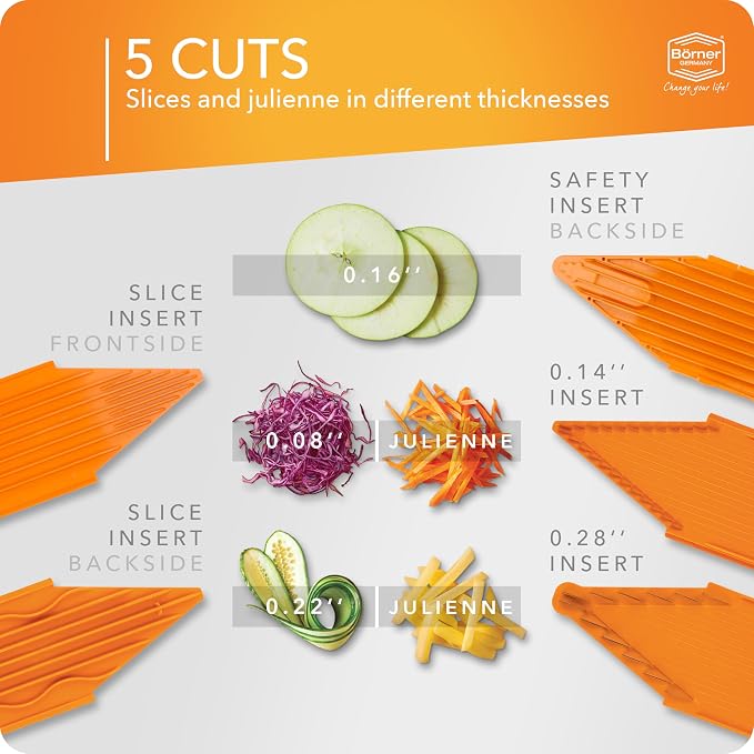 Mandoline Food Slicer Börner V3 (Profi Set) by Reston Lloyd • V-Slicer with 4 Inserts, Docking Station & Food Holder • Made in Germany • Fruit & Vegetable Chopper • Multiple Settings • Color: Orange