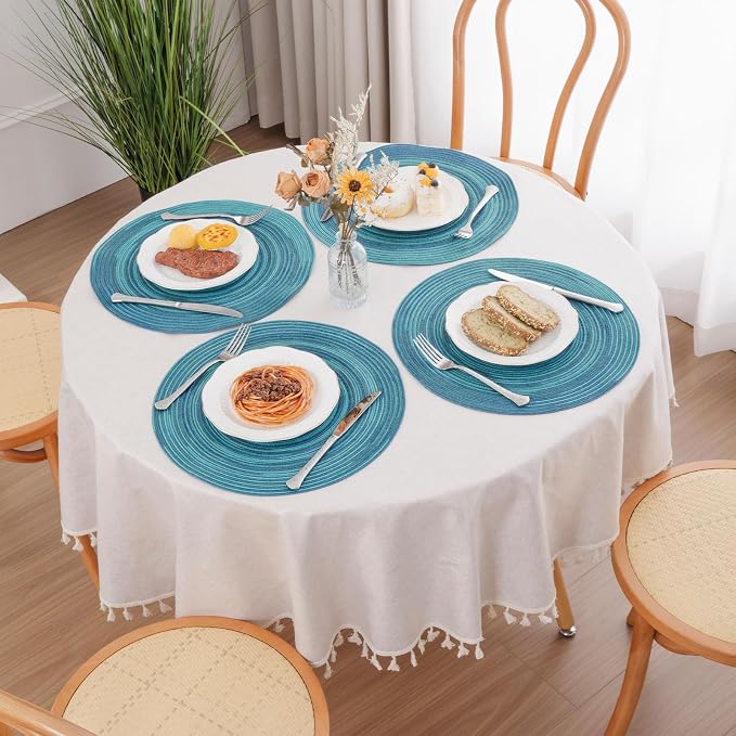 SHACOS 15 inch Round Placemats Set of 6 Variegated Multicolor Place Mats Cotton Polyester Braided Non Slip Washable Heat Resistant Table Mats for Home Wedding Dinner Party Table Decor, Rainbow Teal