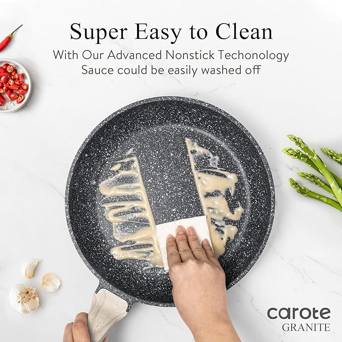 CAROTE 10 inch Non Stick Black Frying Pan Skillet, PFOA-Free | Healthy Non Toxic Granite Kitchen Cookware, All Stovetops Compatible Skillet with Heat-Resistant Handle, Easy to Clean