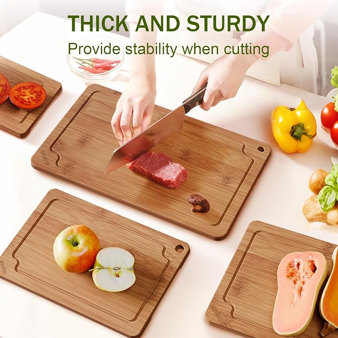 4-Piece Bamboo Cutting Board Set Serving Tray Juice GroovesHandles | Ideal for Meat Vegetables Fruit,Easy Storage & Quick Clean,Natural Wood Construction,Dual-Purpose as Serving Tray