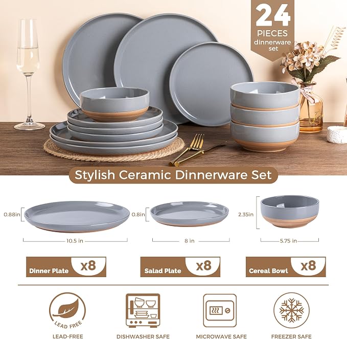 AmorArc Dinnerware Sets for 8, 24 Pieces Ceramic Plates and Bowls Set | Scratch Resistant Stoneware Dishes Set, Dishwasher & Microwave Safe,Gray