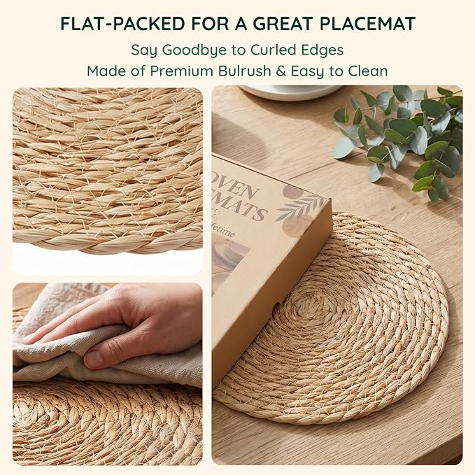 60 Pack 13.8IN Round Woven Placemats, Natural Bulrush Boho Farmhouse Mats | Heavy-duty hand-woven wicker mats for dining table, kitchen, patio BBQ, garden party. Flat-packed storage box. Rustic decor.