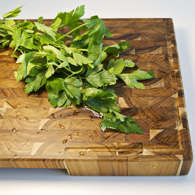 Teak Wood Cutting Board for Kitchen, End Grain Extra Thick Butcher Block | 16 x 10 Inch (ExtraThick 1.7") Professional Heavy Duty Hardwood Non Toxic Wooden Chopping Board (Oil & Plate Included)