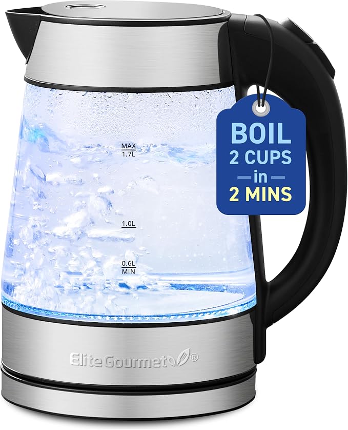 Elite Gourmet EKT-602 BPA-Free Electric Glass Kettle, Cordless 360° Base | Stylish Blue LED Interior, Auto Shut-Off Function, Quickly Boil Water for Tea & More