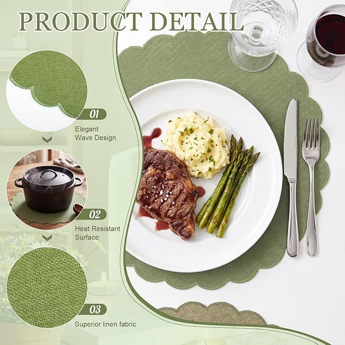 Set of 12 Green Cotton Placemats 15" Round Scalloped | Double Layered Cotton Fabric, Washable Embroidery, Classic Edge, Rustic Table Mats for Wedding Dining Table Decor