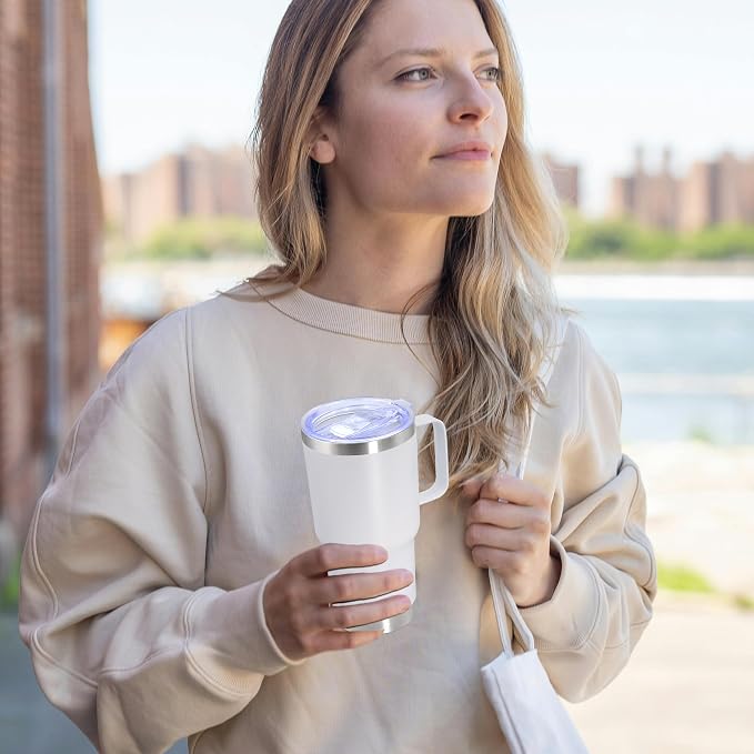 20 oz Tumbler with Handle Coffee Tumblers with Lid Travel Mug White 6P | 20oz Tumblers with Handle Double-Wall Insulated Vacuum Coffee Mugs Stainless Steel Tumbler with Handles&Lid White 6P