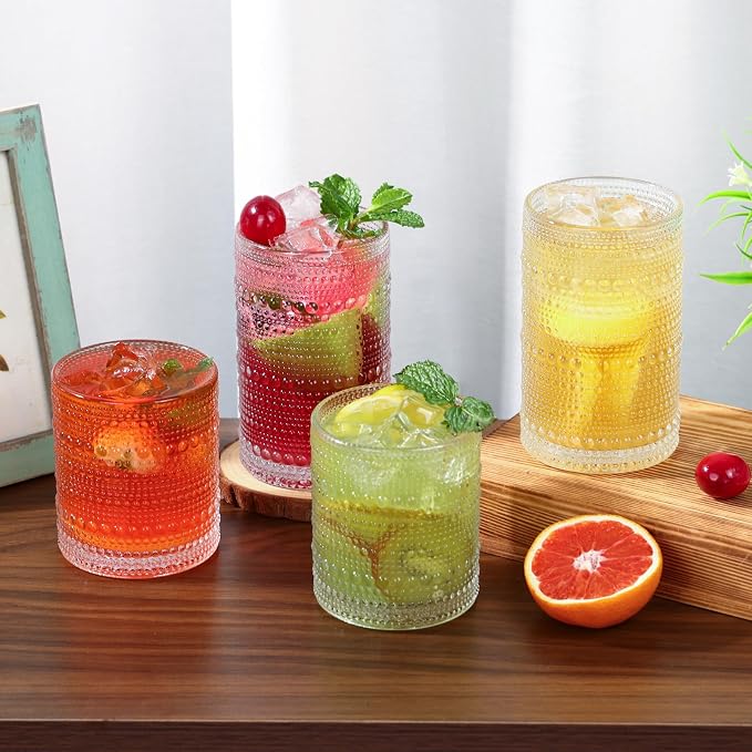 Moretoes Blue Hobnail Drinking Glasses Set of 8, Vintage Glass Cups | 12 Oz Highball Glasses & 10 Oz Cocktail Glasses, Clear Embossed Tumbler Glassware Set for Whiskey, Beer, Juice, Milk