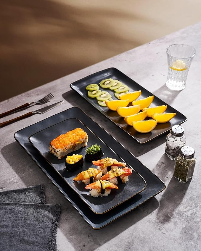 Famiware Serving Platters Set of 3 Sizes - Rectangular, Matte Dark Charcoal | 15.67"/14.1"/12.6" Fine Stoneware Serving Trays for Party, Entertaining for Food, Turkey, Cheese, Microwave Dishwasher Safe