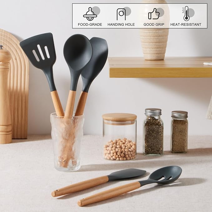 E-far Silicone Cooking Utensils Set, 5-Piece Kitchen Utensils Set with Wooden Handle for Cooking, Silicone Kitchen Nonstick Tools Spatula Turner Slotted Spoons, Nontoxic & Heat Resistant-Gray
