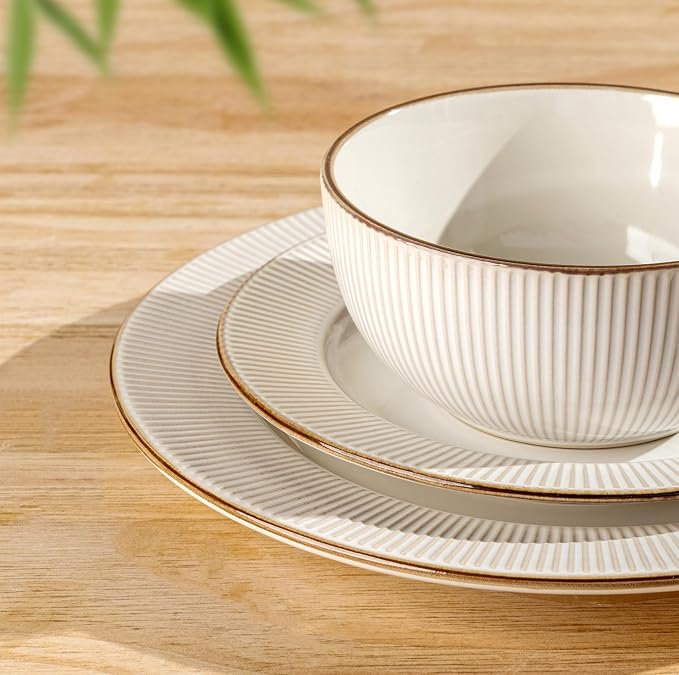 GBHOME Ceramic Dinnerware Sets,12 pcs Embossed Elegant Stoneware Plates and Bowls Sets, Housewarming Wedding Gift | Dishwasher & Microwave Safe | Dishes Set Service for 4 | Embossed Elegant Stoneware Dishes Set | Dishwasher & Microwave Safe | Service f...