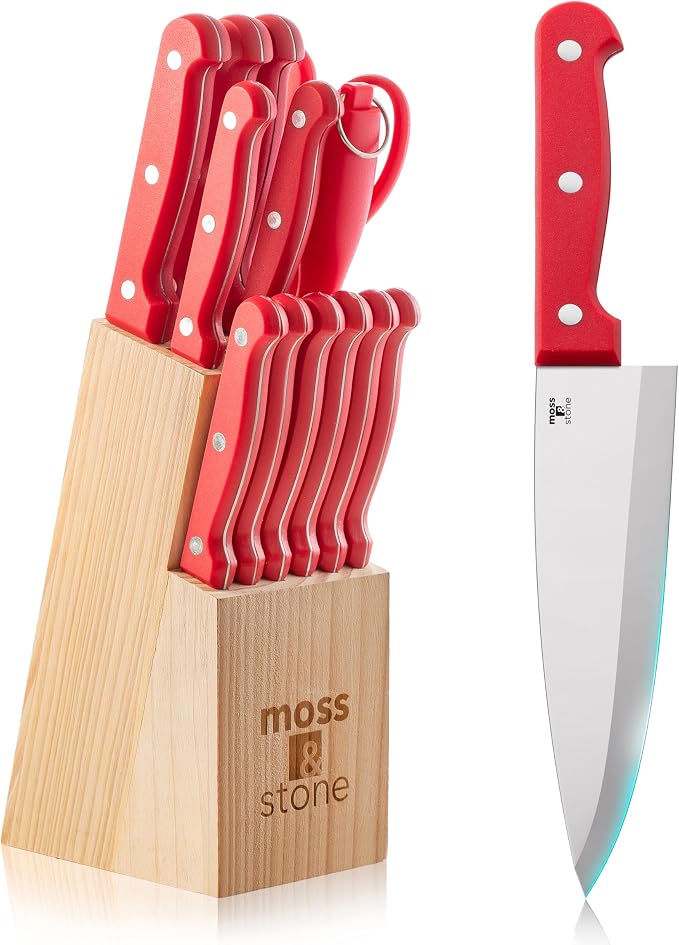 Moss & Stone Red 14 Pcs Kitchen Knife Set with Block, Stainless Steel | Premium forged kitchen knives with high-carbon sharp blades, ergonomic handle, rust-resistant knife block set for home & chef
