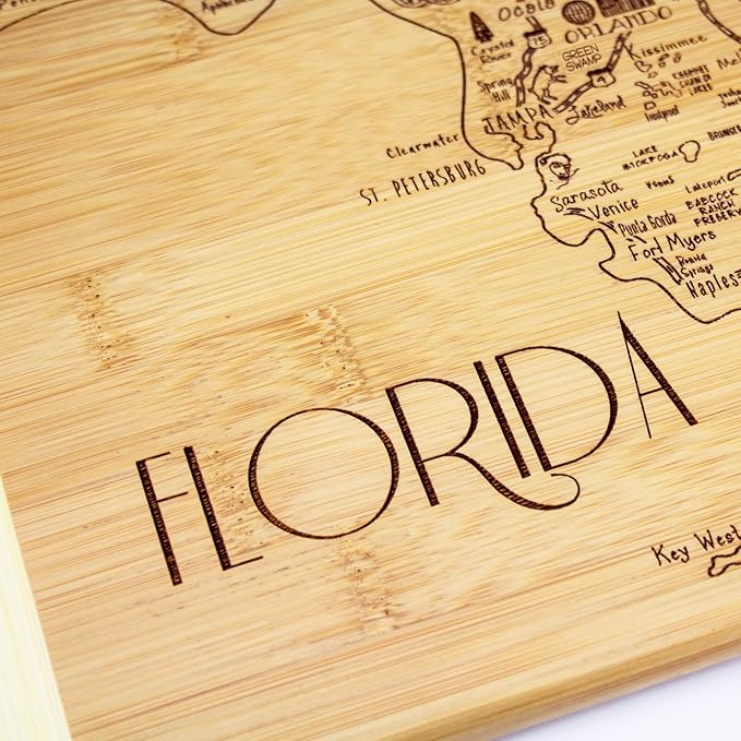 Totally Bamboo A Slice of Life Florida Engraved Map Cutting Board | 11” x 8.75” charcuterie board with engraved state map artwork. Smooth reverse side for food prep. Hang tie for wall display.
