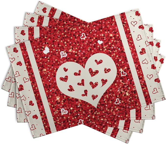 Valentine Hearts Placemats Set of 4, 12x18 Inch Red White Love Heart Linen Table Mats Romantic Wedding Heat Resistant Washable Place Mat for Party Kitchen Dining Outdoor Indoor Decor