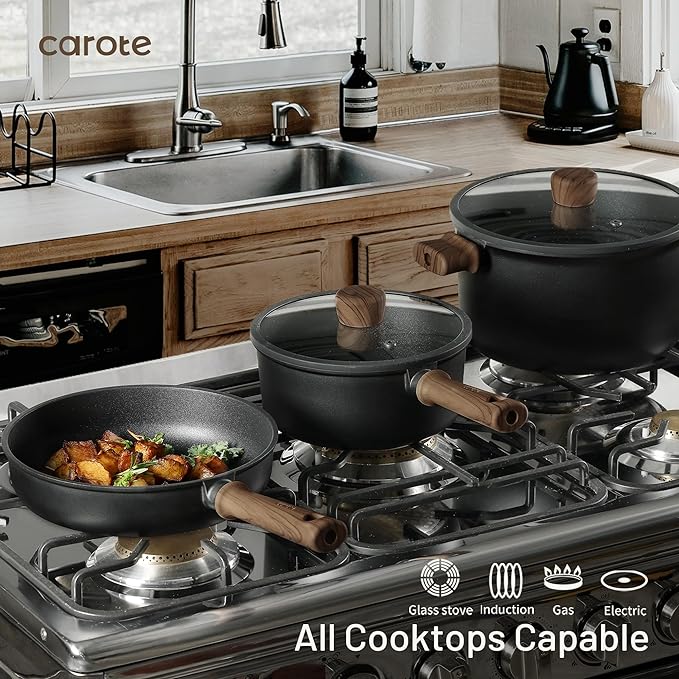 CAROTE 24pcs Nonstick Cookware Sets, Pots and Pans Set | Titanium Infused, Ultra Durable, Fast & Even Heating, Easy Clean, All-Stovetop Compatible, with 7-Qt Stockpot & Egg Pan