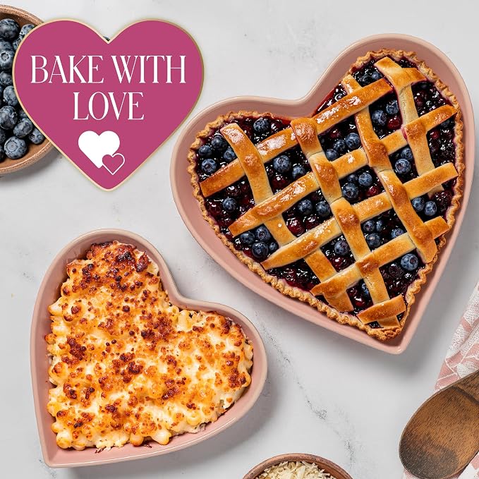 Paris Hilton Heart-Shaped Pie Dish Set, Finely Crafted 8-Inch and 10-Inch Stoneware Baking Dishes with Elegant Fluted Exterior, Nesting Design, Oven Safe up to 450°F, 2-Piece, Pink